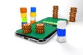 3d Illustration. Smartphone with dices and chips . Online casino concept. Isolated white background Royalty Free Stock Photo