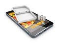 3d illustration of Smartphone with pizza of box, Online Food Delivery. Royalty Free Stock Photo