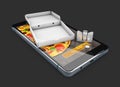 3d Illustration of Smartphone with pizza of box, salt and pepper shaker. Online Food Delivery. Royalty Free Stock Photo