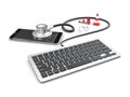 3d Illustration of smartphone and Stethoscope lying with keyboard. repair concept Royalty Free Stock Photo