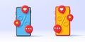 3d illustration of smartphone with volume percent sign and poping notifications with likes, hearts and stars