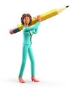 3D illustration of smiling african american woman holding a big pencil. Cute cartoon elegant businesswoman writing with a huge pen Royalty Free Stock Photo