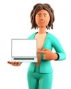 3D illustration of smiling african american woman holding laptop and showing blank screen.