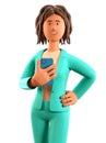 3D illustration of smiling african american woman holding a smartphone. Close up portrait of cartoon businesswoman using phone