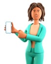 3D illustration of smiling african american woman holding smartphone and pointing finger at blank screen.