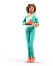 3D illustration of smiling african american woman holding tablet and coffee cup. Cute cartoon standing elegant businesswoman