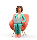 3D illustration of smiling african american woman with laptop sitting in armchair. Cute cartoon elegant businesswoman working in