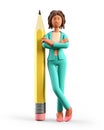 3D illustration of smiling african american woman leaning against the big pencil.