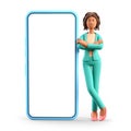 3D illustration of smiling african american woman leaning against the big phone with blank screen.