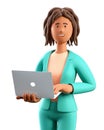 3D illustration of smiling african american woman using laptop. Close up portrait of cartoon working businesswoman Royalty Free Stock Photo