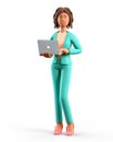 3D illustration of smiling african american woman using laptop. Office work concept