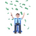 3D illustration of smiling Asian man Felix celebrates success sitting in an office chair under money rain banknotes falling.
