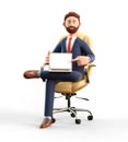 3D illustration of smiling businessman pointing finger at blank screen laptop computer. Cartoon man working in office Royalty Free Stock Photo