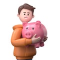 3D Illustration of smiling businessman Qadir Embrace huge and oversized pink piggybank. Royalty Free Stock Photo