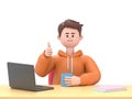 3D illustration of smiling businessman Qadir - happy, energetic woman working on computer in workplace