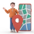 3D Illustration of smiling businessman Qadir marking locations on online city map on smartphone.