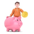 3D illustration of smiling businessman Qadir with Piggy Bank and Golden Dollar Coin. 3D rendering on white background Royalty Free Stock Photo