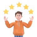 3D illustration of smiling businessman Qadir points to the stars, good review. Customer review rating and client feedback concept. Royalty Free Stock Photo