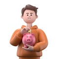 3D Illustration of smiling businessman Qadir putting coin into huge and oversized pink piggybank. Royalty Free Stock Photo