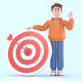 3D illustration of smiling businessman Qadir standing next to a huge target with a dart in the center, arrow in bullseye. Royalty Free Stock Photo