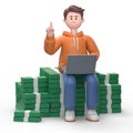 3D Illustration of smiling businessman Qadir working with a computer, sitting on a bundle of a bundle of money Royalty Free Stock Photo