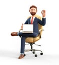 3D illustration of smiling businessman showing blank screen laptop computer and ok gesture. Cartoon man with okay sign in chair. Royalty Free Stock Photo