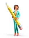 3D illustration of smiling creative african american woman holding big pencil and generating ideas.