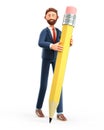 3D illustration of smiling creative man holding a big pencil and writing on the floor. Cute cartoon bearded businessman drawing Royalty Free Stock Photo