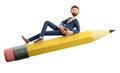 3D illustration of smiling creative man lying on a big pencil and flying in the air. Cartoon bearded businessman