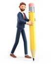 3D illustration of smiling creative man writing with a big pencil. Cute cartoon bearded businessman drawing with a giant pen. Royalty Free Stock Photo