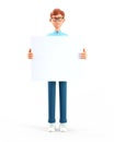 3D illustration of smiling happy businessman holding white blank board. Portrait of cartoon standing man showing banner Royalty Free Stock Photo