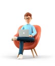 3D illustration of smiling happy man with laptop sitting in armchair. Cartoon businessman working in office