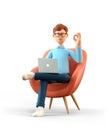 3D illustration of smiling happy man with laptop sitting in armchair and showing ok gesture. Cartoon businessman with okay sign Royalty Free Stock Photo