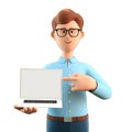 3D illustration of smiling happy man pointing finger at blank screen laptop computer. Cartoon businessman character