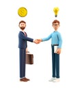 3D illustration of smiling man with bulb over head and businessman with coin over head.