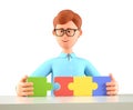 3D illustration of smiling man connecting puzzle elements. Cute cartoon businessman reaching goals. Business solutions Royalty Free Stock Photo