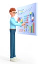 3D illustration of smiling man creating a dashboard and interacting with graphs. Businessman, successful investor with charts