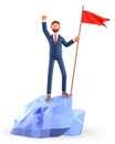 3D illustration of smiling man hoisting a red flag on the top mountain. Cute cartoon happy businessman throwing his hand up Royalty Free Stock Photo