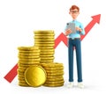3D illustration of smiling man holding tablet and standing next to a huge stack of gold coins and rising arrow chart.