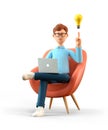 3D Illustration Of Smiling Man With Laptop And Bulb Over Head, Sitting In Armchair. Cartoon Businessman Creating New Good Ideas