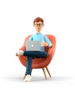 3D illustration of smiling man with laptop sitting in armchair and showing gesture cool. Cartoon businessman with thumb up sign Royalty Free Stock Photo