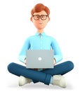 3D illustration of smiling man with laptop sitting on the floor in yoga lotus position. Cartoon businessman, freelancer