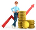 3D illustration of smiling man leaning on a huge stack of gold coins and rising arrow chart. Cartoon standing businessman