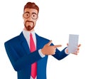 3D illustration of smiling man with Mobile App Advertisement. Handsome Man Showing Pointing at a white empty smartphone