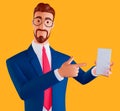 3D illustration of smiling man with Mobile App Advertisement. Handsome Man Showing Pointing at a white empty smartphone