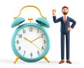 3D illustration of smiling man showing ok gesture and standing next to a huge vintage alarm clock. Businessman with okay sign.