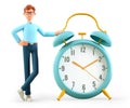 3D illustration of smiling man standing nearby a huge vintage alarm clock. Cute cartoon businessman solving tasks