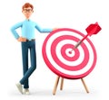 3D illustration of smiling man standing next to a huge target with a dart in the center, arrow in bullseye. Cartoon businessman