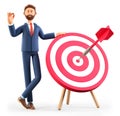 3D illustration of smiling man standing next to a huge target with a dart in the center, arrow in bullseye. Royalty Free Stock Photo