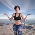 Illustration of a smiling woman with torn jeans with her arms spread wide and an open mouth in a seaside setting